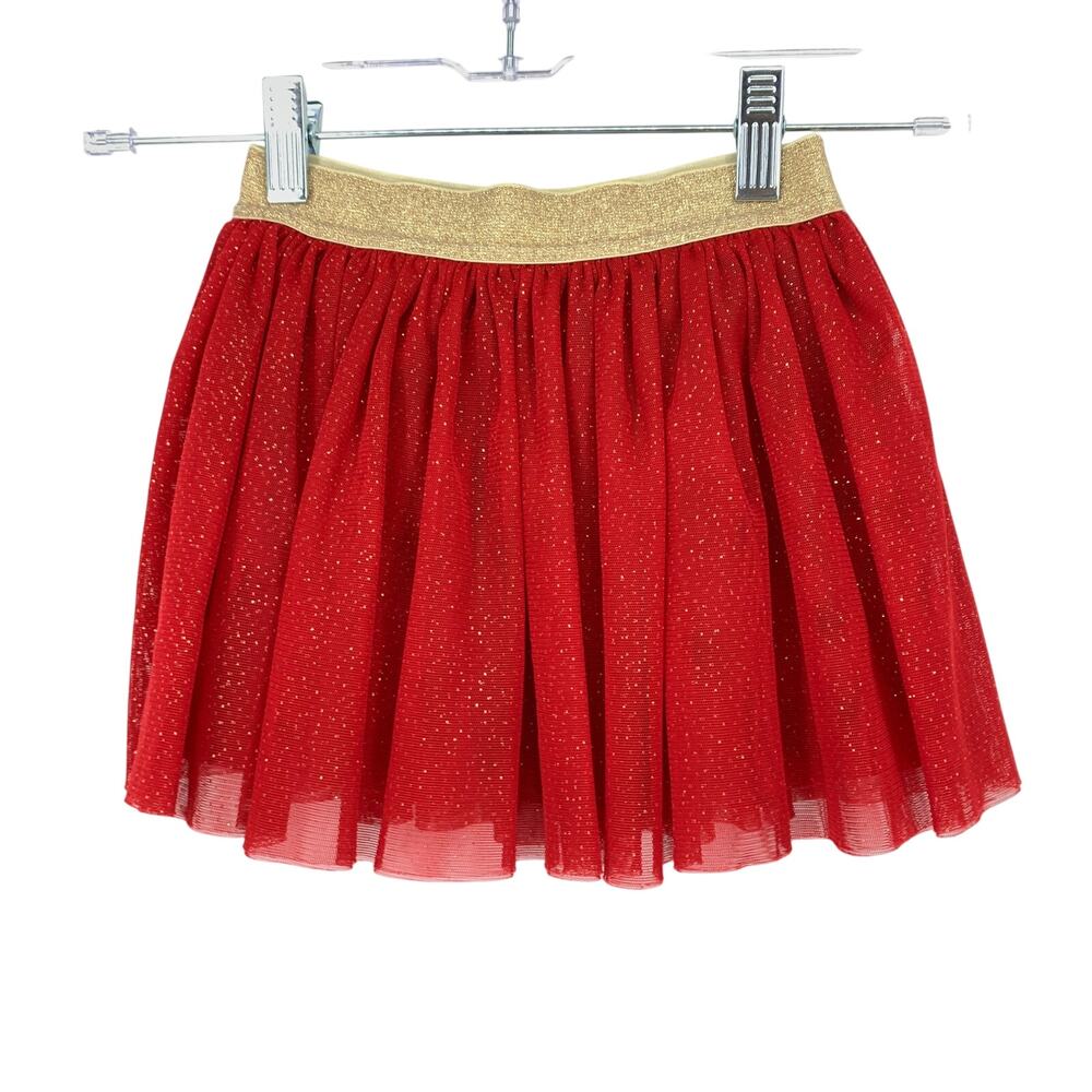 Petit Bateau A-Line Red Glitter Tulle Mini Skirt Gold Waistband Girls Sz 4